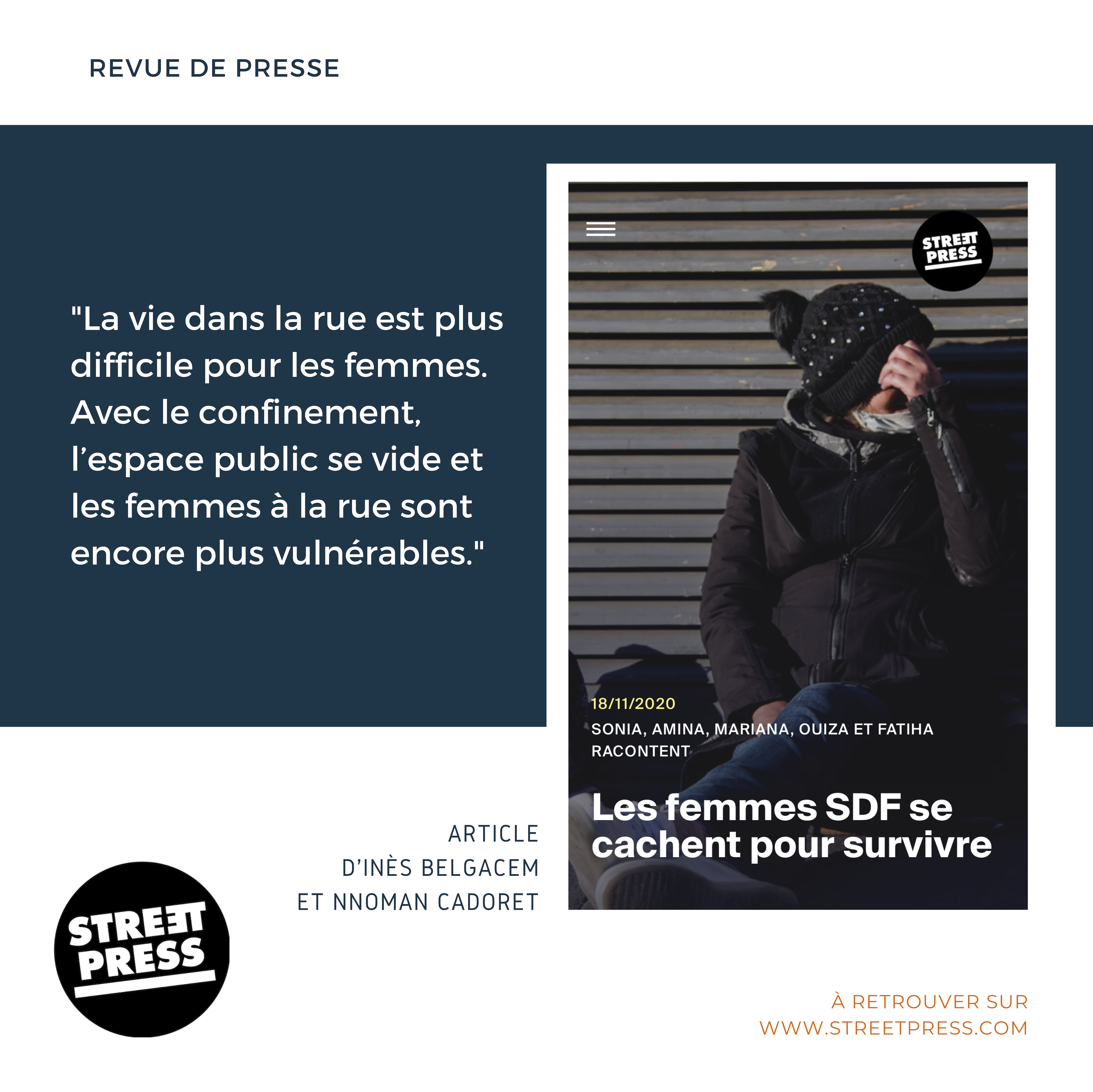 REVUE DE PRESSE – “Les femmes SDF se cachent pour survivre”, Street Press.