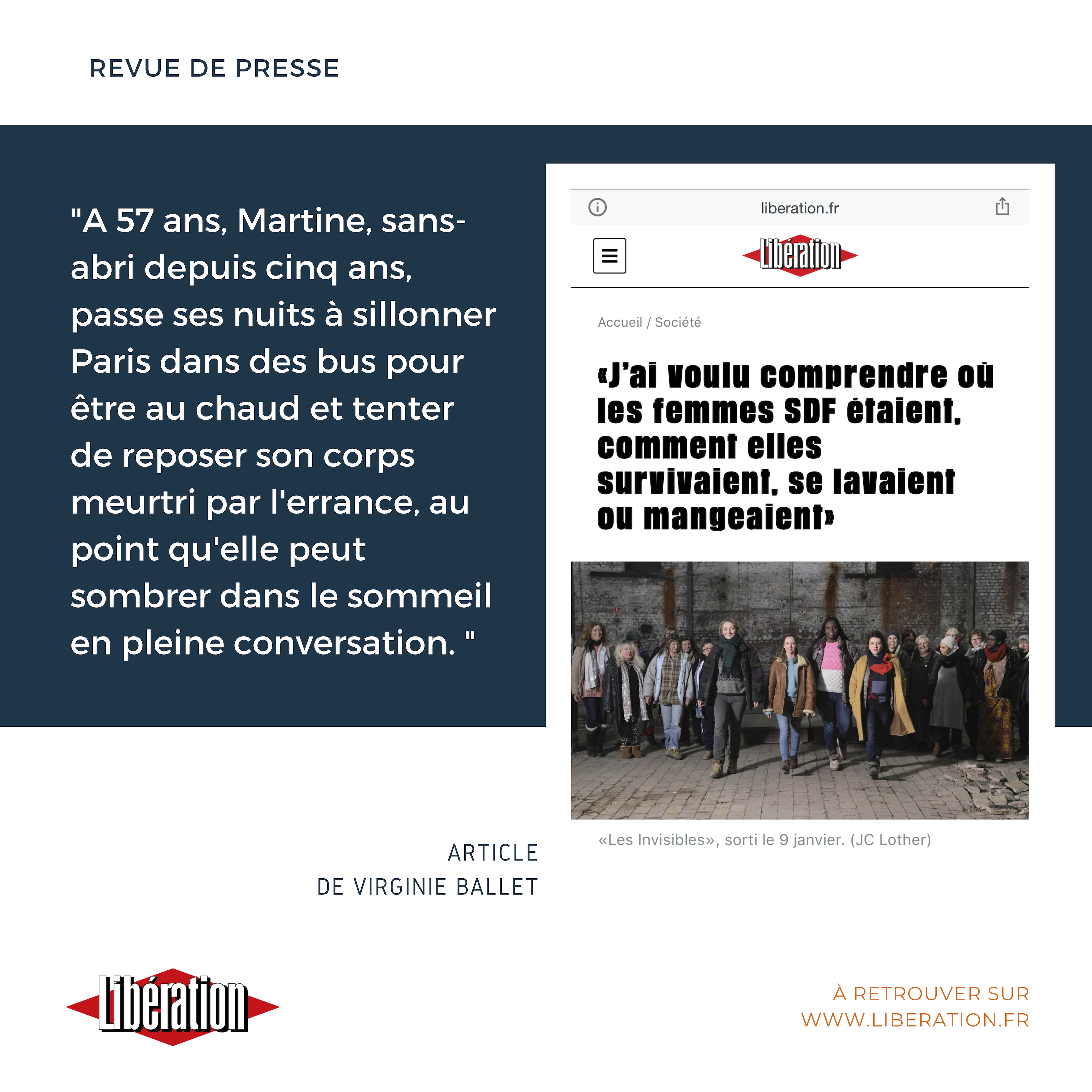 REVUE DE PRESSE – “J’ai voulu comprendre où les femmes SDF étaient, comment elles survivaient, se lavaient ou mangeaient”, Libération.