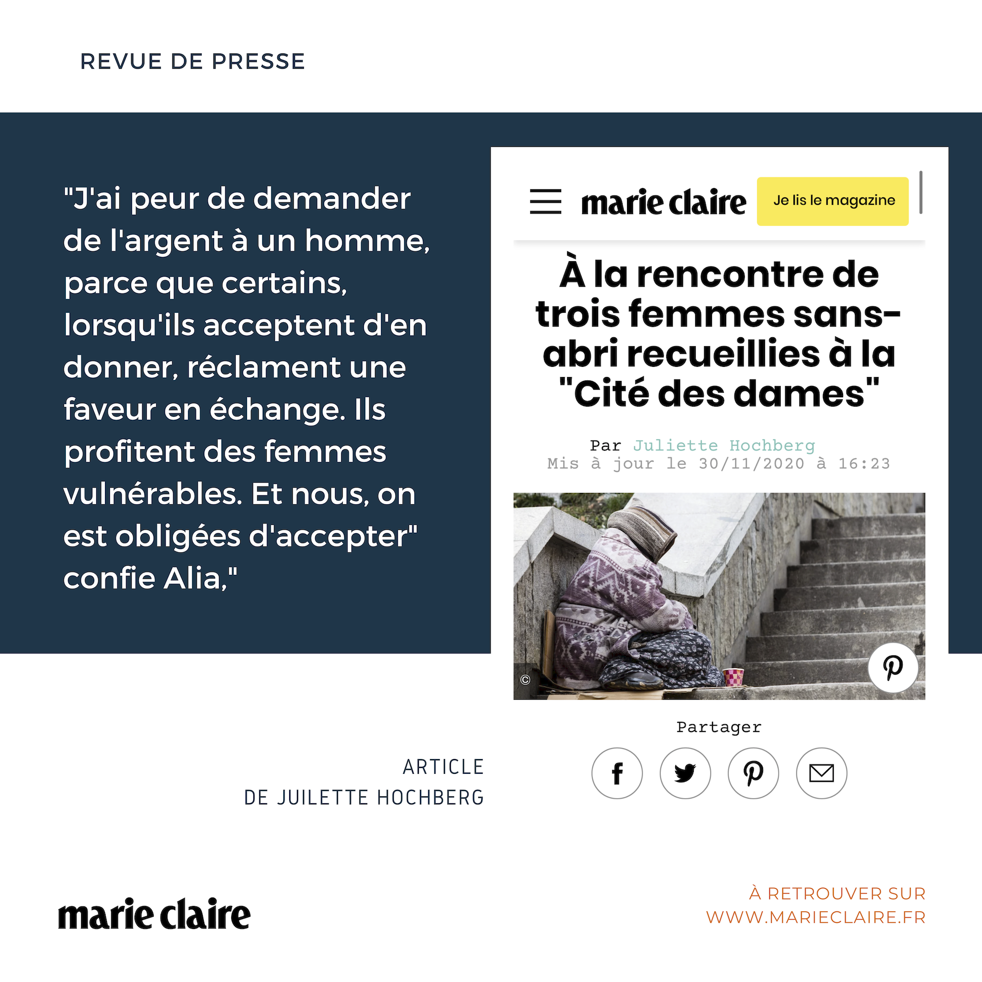 REVUE DE PRESSE – “À la rencontre de trois femmes sans-abri recueillies à la Cité des dames”, Marie Claire.